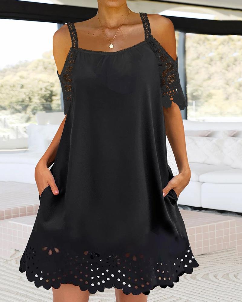 

Contrast Lace Cold Shoulder Casual Dress, Black