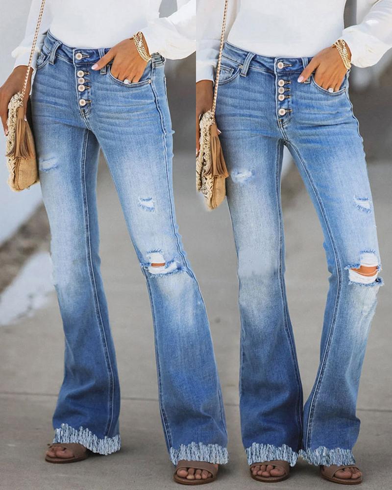 

Solid Washing Effect Slim Denim Pants, Blue