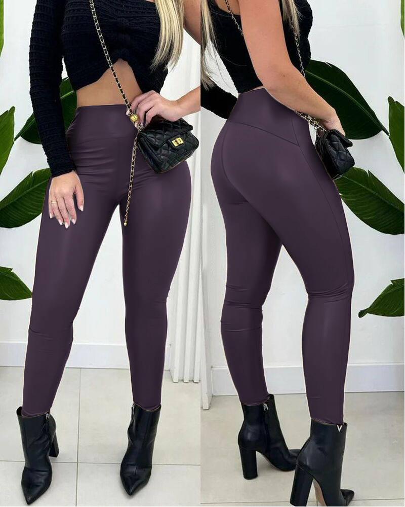 

Leggings de couro PU ChicMe CurveEase, cintura alta, forro de lã curvado, calças casuais, Purple