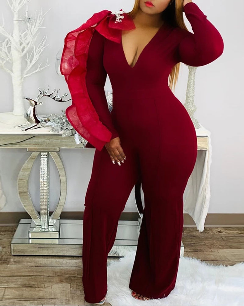 

Plus Size Long Sleeve Ruffle Hem Jumpsuit, Wine red