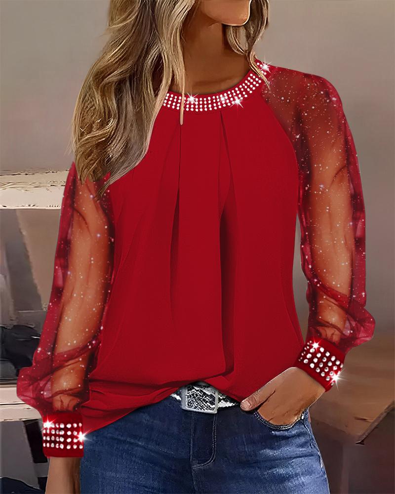 

Rhinestone Sheer Mesh Patch Glitter Top, Red