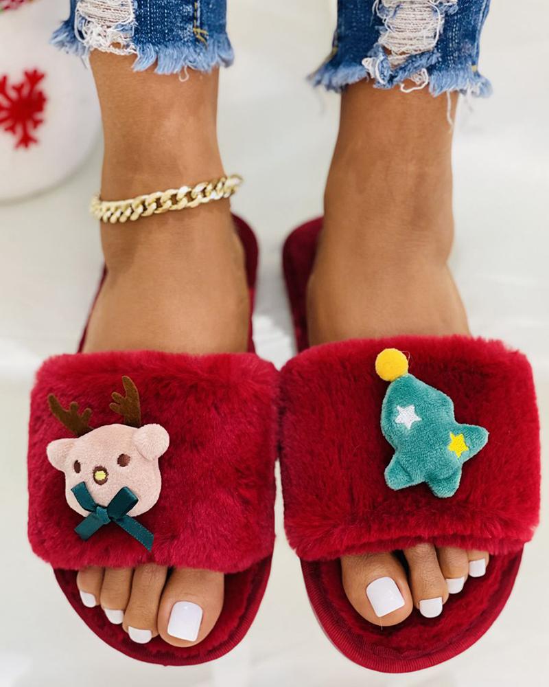 

Christmas Cartoon Deer Tree Pattern Slippers, Red