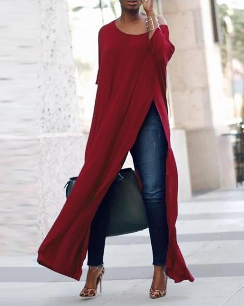 

Round Neck Long Sleeve High Slit Maxi Dress, Wine red