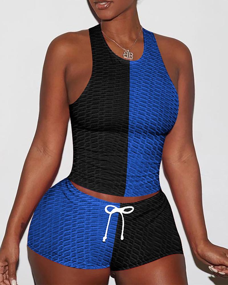 

Colorblock Patchwork O Neck Sleeveless Lace Up Bodycon Top & Shorts Sets, Blue