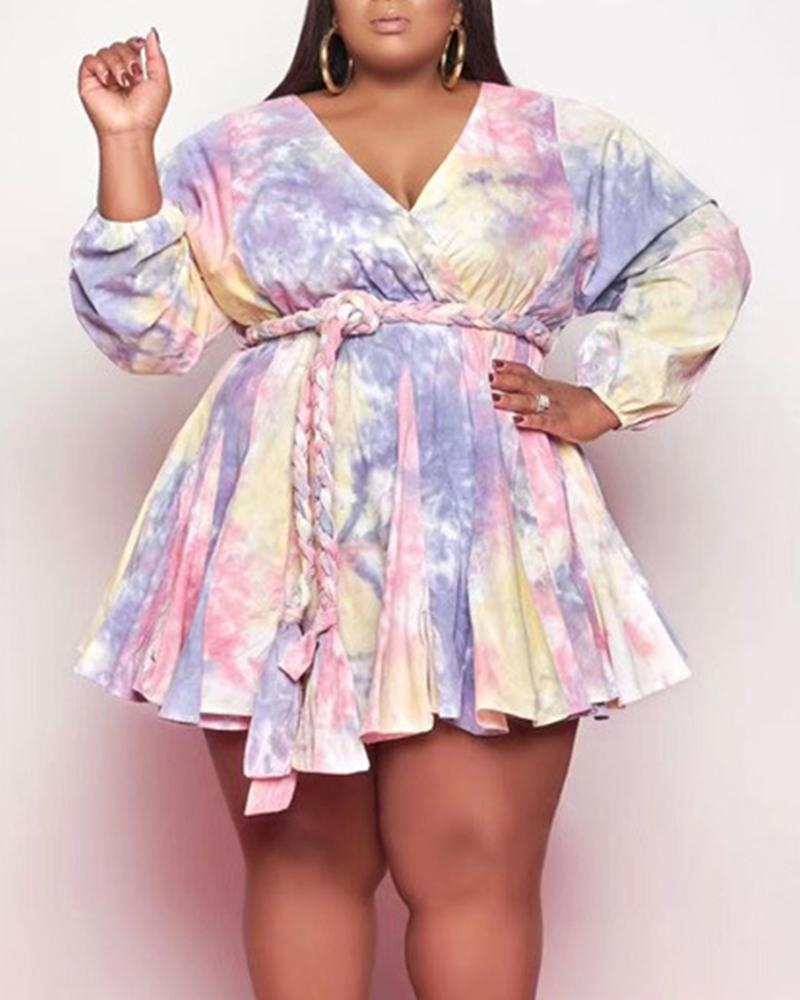 

Tie Dye Surplice Neck Keyhole Back Belted Casual Dress, Purple&red