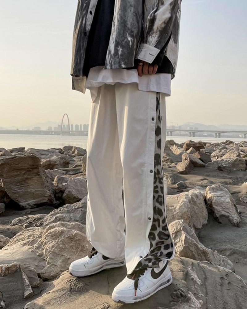 

Leopard Loose Slit Patchwork Wide Leg Pants, White
