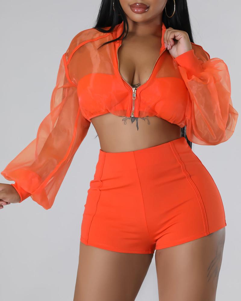 

Sheer Mesh Lantern Sleeve Zip Up Crop Top & Shorts Set, Orange