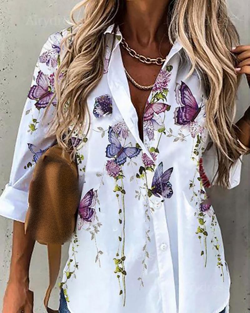 

Butterfly Floral Print Pocket Design Long Sleeve Shirt, White