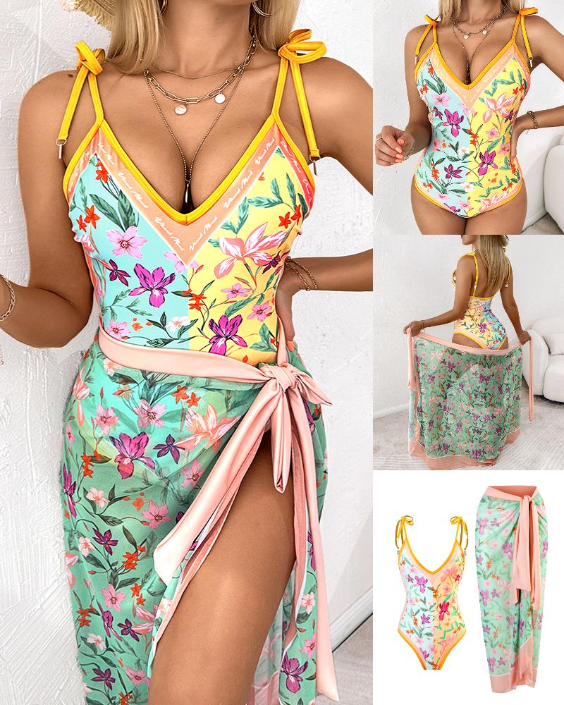 

Floral Print Tied Detail One-Piece Swimsuit With Cover Up, Yellow