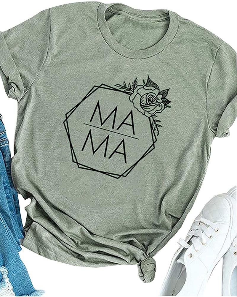 

Rose & Letter Print Short Sleeve T-shirt, Green