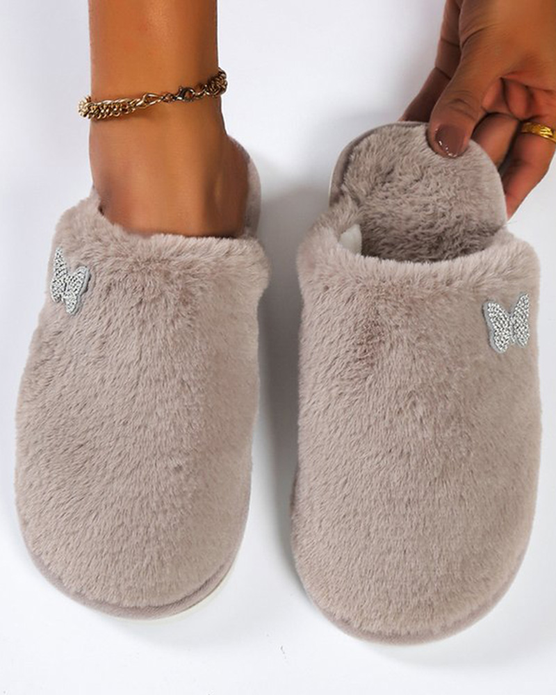 

Round Toe Butterfly Pattern Fuzzy Slippers, Khaki