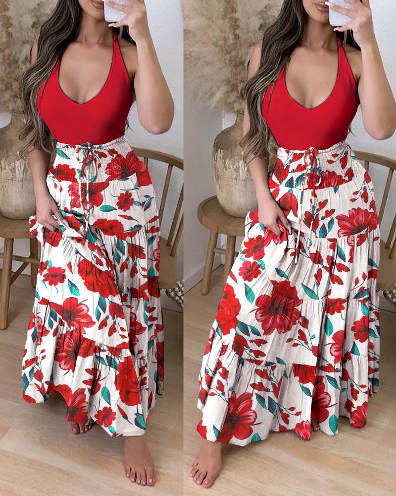 

High Waist Floral Maxi Skirt, Red