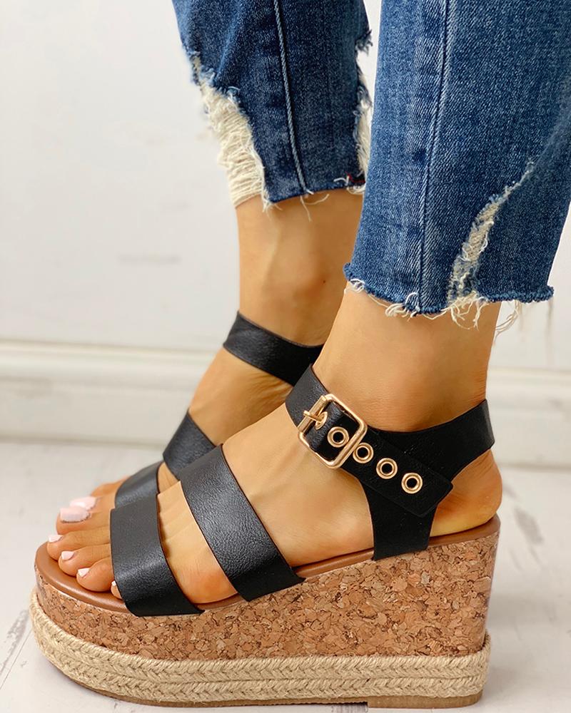 

Eyelet Buckled Espadrille Wedge Sandals, Black