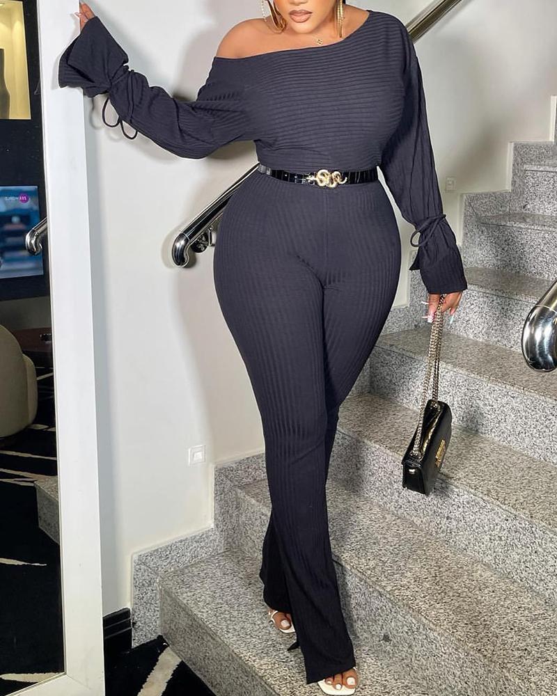 

Skew Neck Long Sleeve Ribbed Jumpsuit, Black