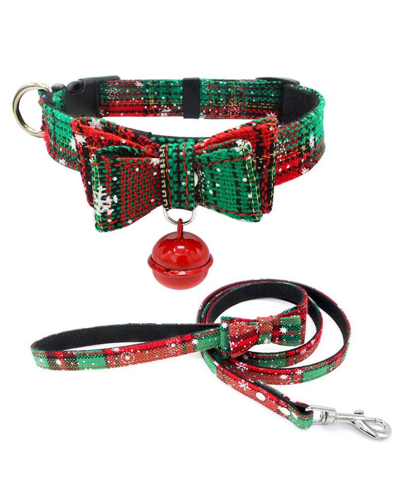 

Christmas Pattern Bow & Bell Pet Collar With Leash, Green