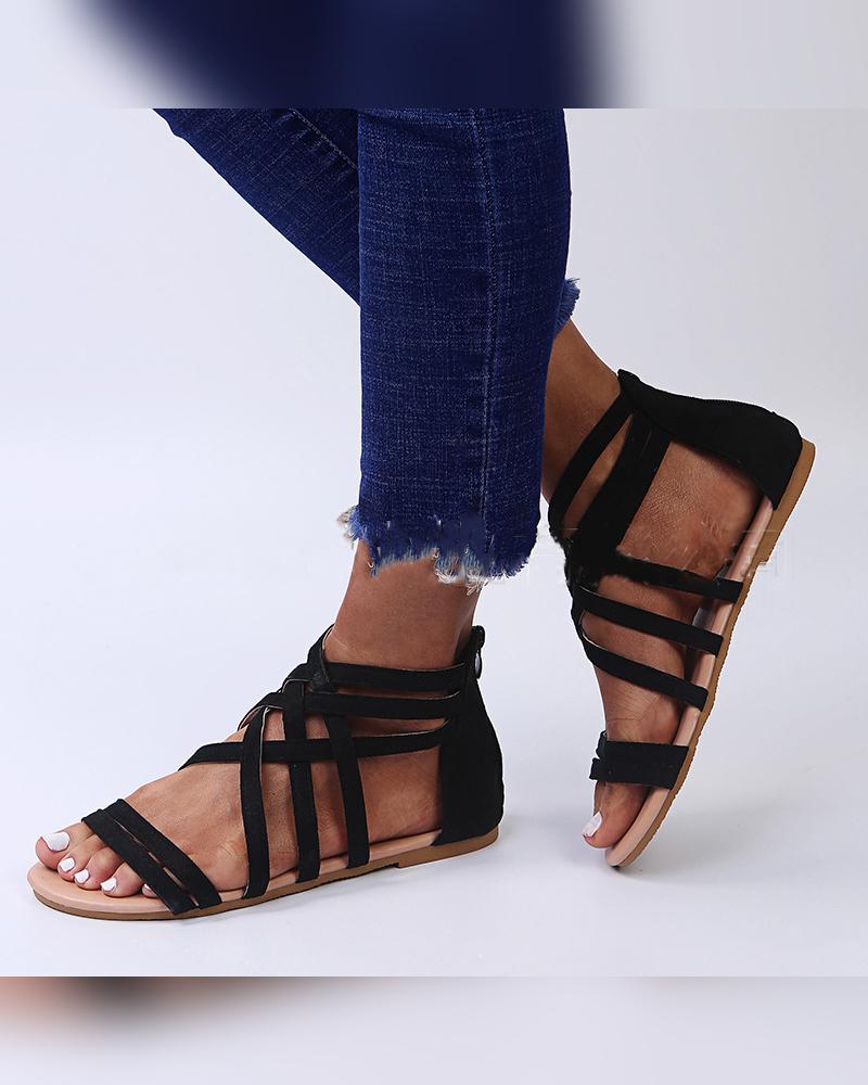 

Round-toe Solid Color Straps Open-toe Flat Sandals, Black
