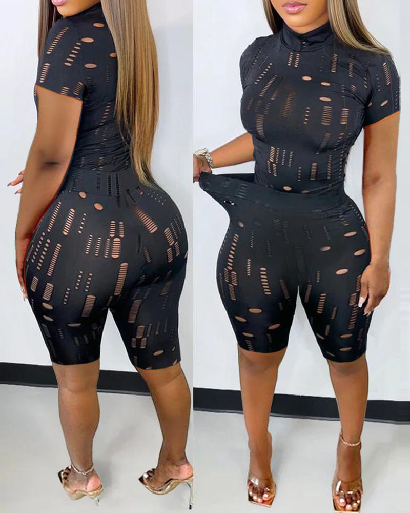 

Hollow Out Short Sleeve Top & Shorts Set, Black