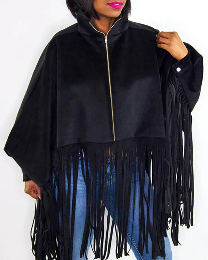 

Plus Size High Neck Lantern Sleeve Zipper Tassel Design Top, Black