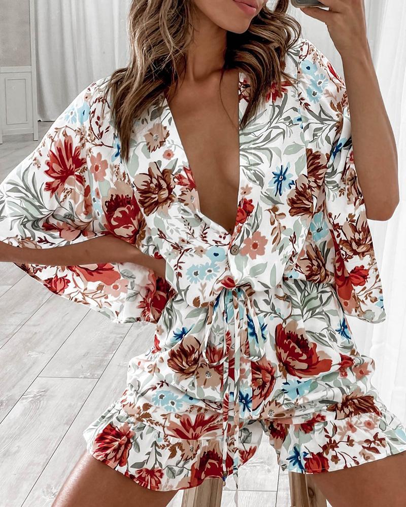 

Floral Print Buttoned Drawstring Ruffles Romper, Style1