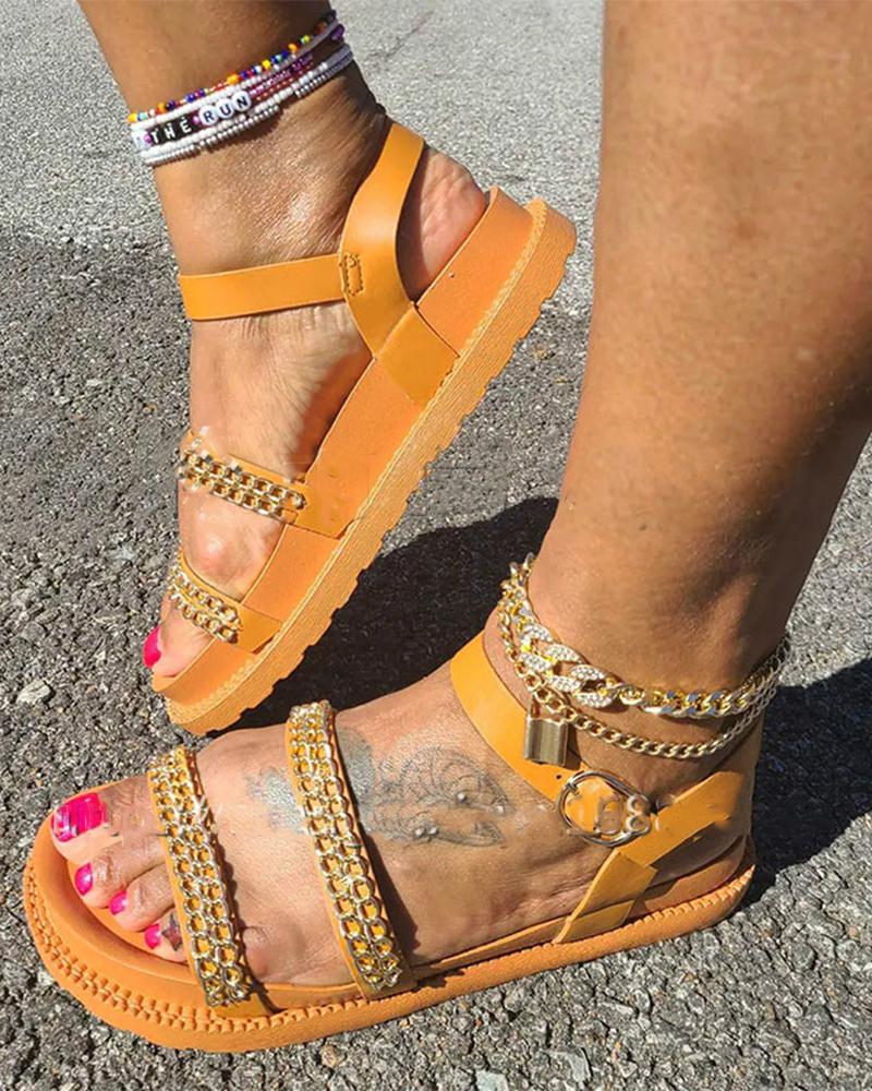 

Round-toe Solid Color Splicing Chain Platform Flat Sandals, Brown