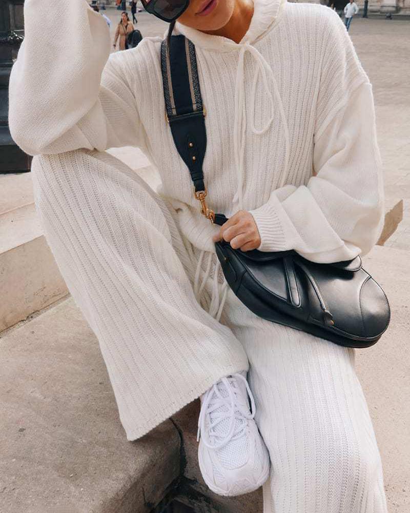 

Long Sleeve Hooded Sweater & Drawstring Pants Set, White