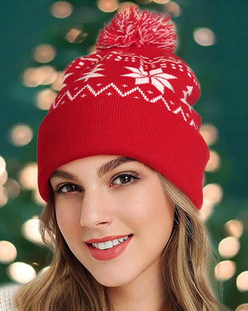 

Christmas Snowflake Pom Pom Warm Hat, Red