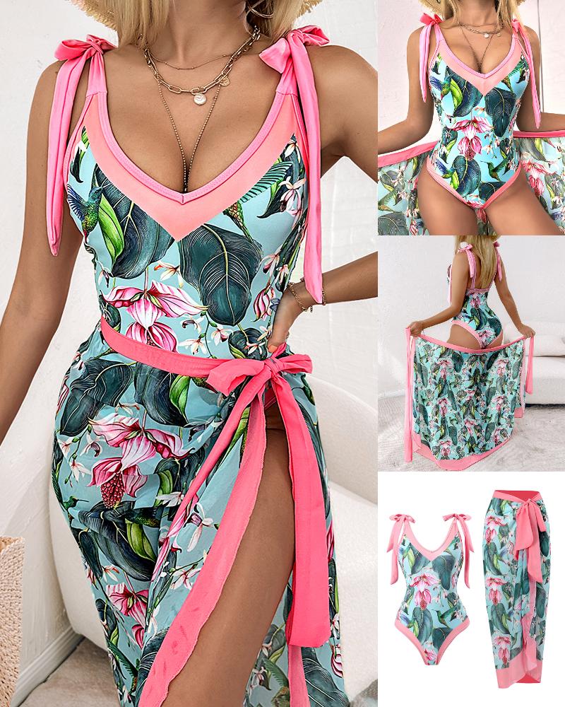 

Tropical Print One-Piece Swimsuit With Cover Up, Pink