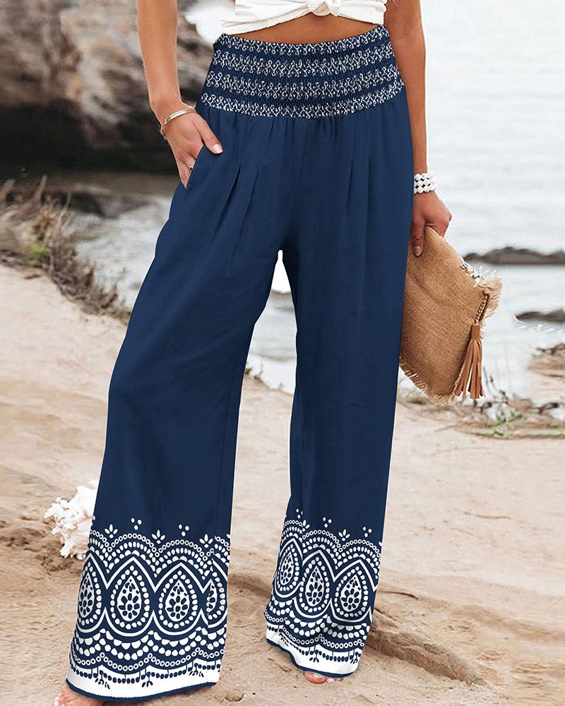 

Tribal Print Shirred High Waist Wide Leg Pants, Blue