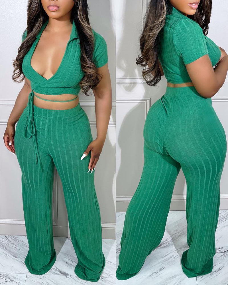 

Tied Detail Ribbed Crop Top & High Waist Pants Set, Green
