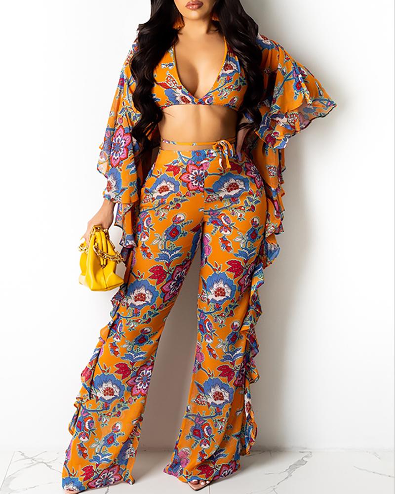 

Floral Print Plunge Ruffles Crop Top & Pants Set, Yellow