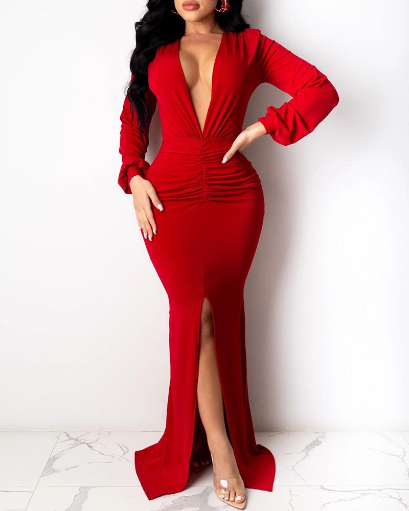 

Plain Lantern Sleeve Ruched High Slit Maxi Dress, Red