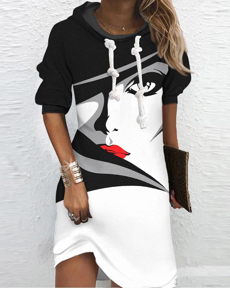

Figure Print Hooded Long Sleeve Casual Dress, Blackwhite