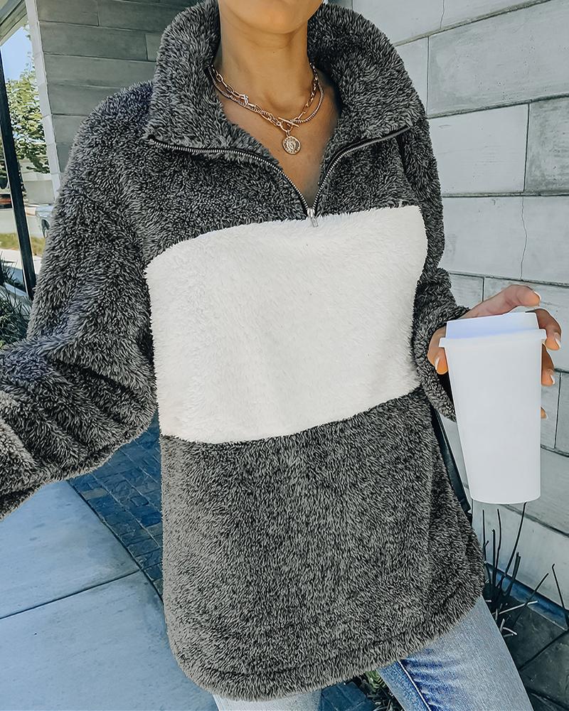 

Colorblock Long Sleeve Zipper Design Fluffy Sweatshirt, Dark grey