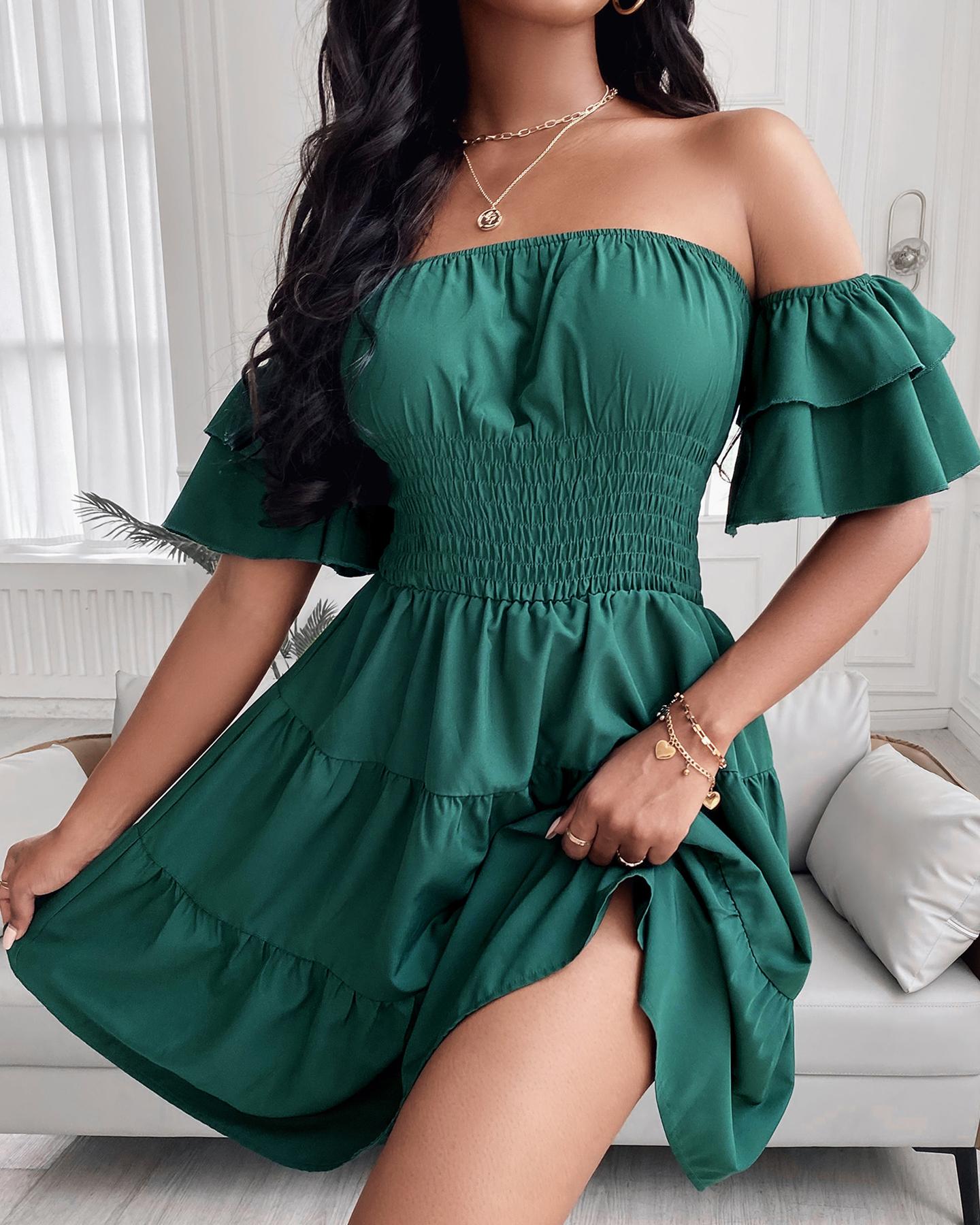 

Solid Off Shoulder Shirred Ruffle Hem Dress, Green