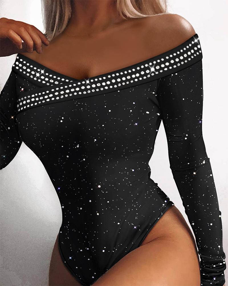 

Rhinestone Glitter Off Shoulder Long Sleeve Bodysuit, Black