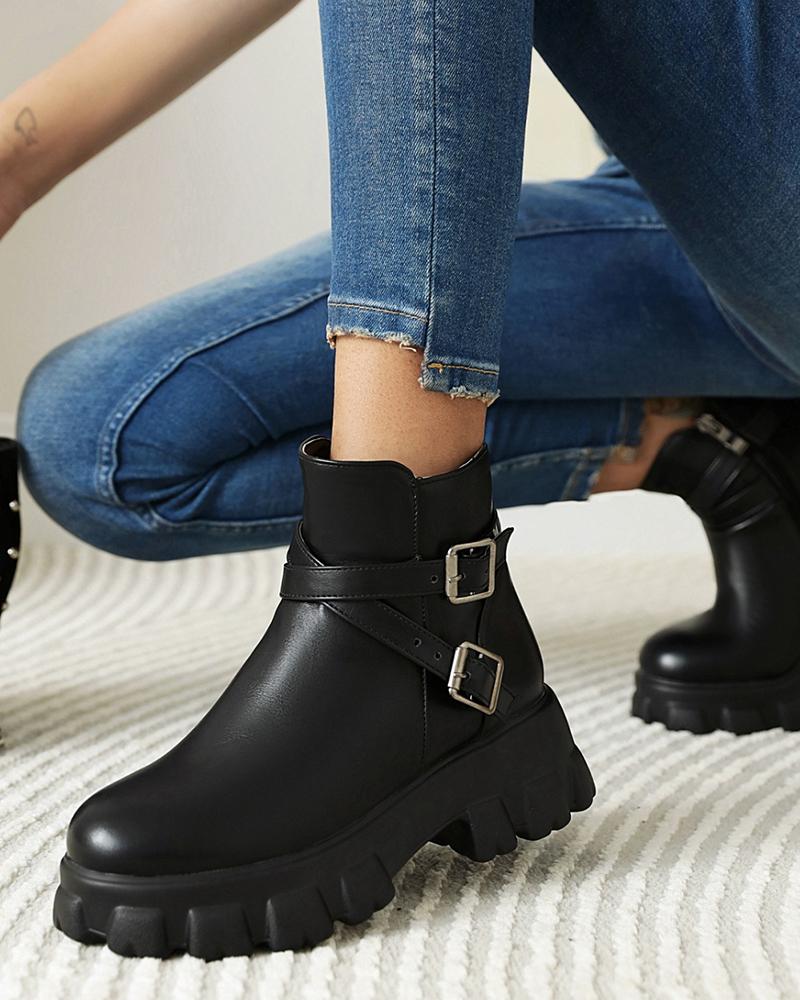 

Chic Women Round Toe Platform Cross Strap Ankle Boots, Black