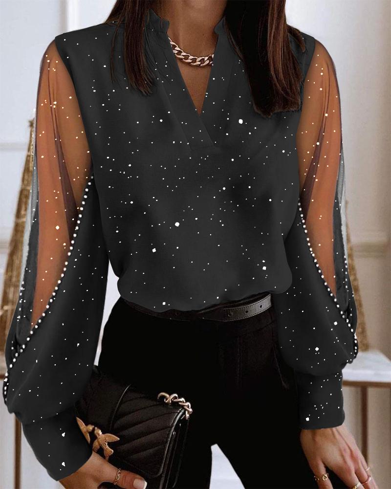 

Glitter Sheer Mesh Patchwork Top, Black
