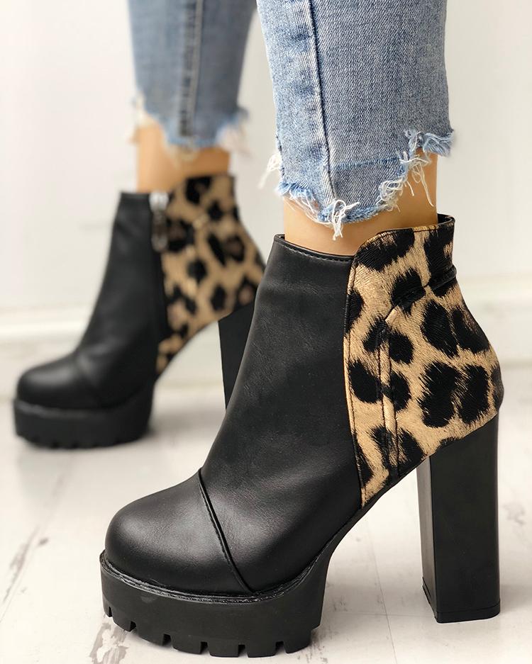 

Leopard Insert Platform Chunky Heeled Ankle Boots