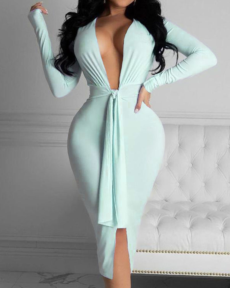 

Plunge Tie Front Slit Midi Dress, Blue