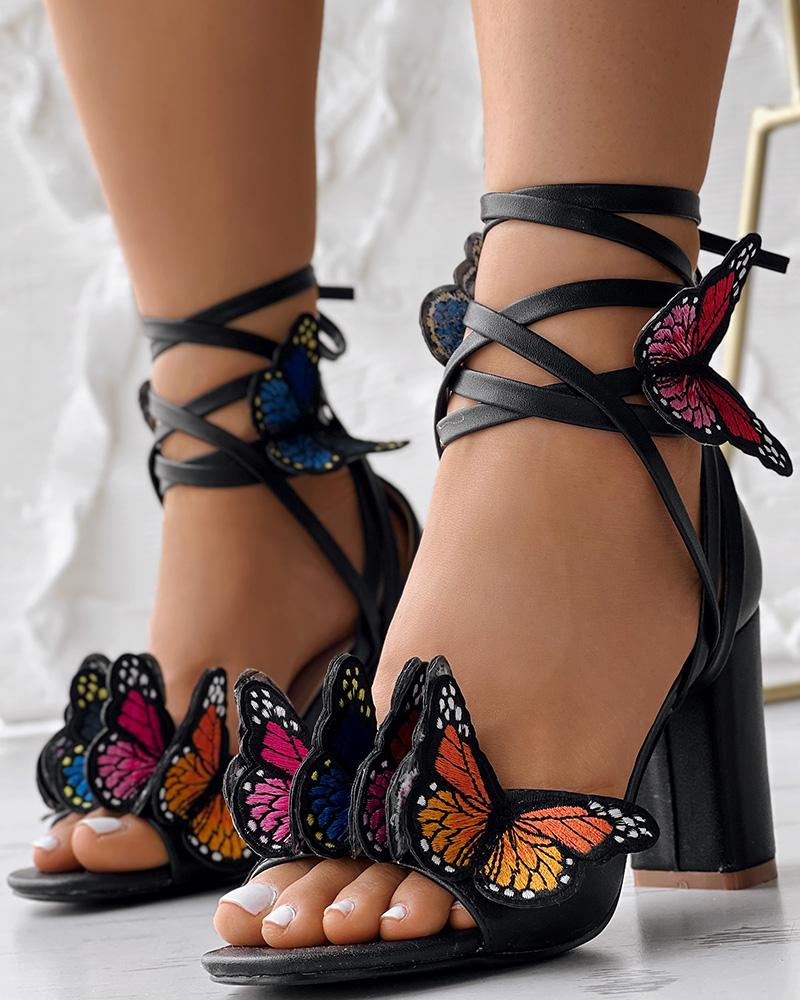 

Butterfly Pattern Crisscross Strappy Chunky Heeled Sandals, Black