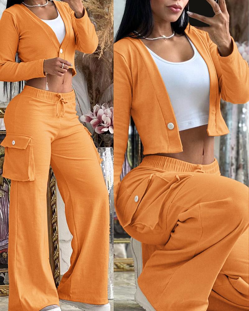 

Buttoned Crop Top & Pocket Design Drawstring Pants Set, Orange
