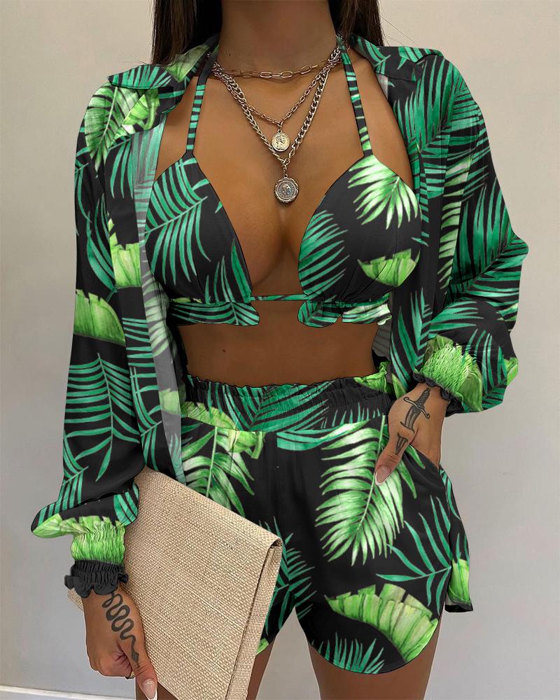 

3PCS Tropical Print Shirt & Shorts Set With Crop Top, Green