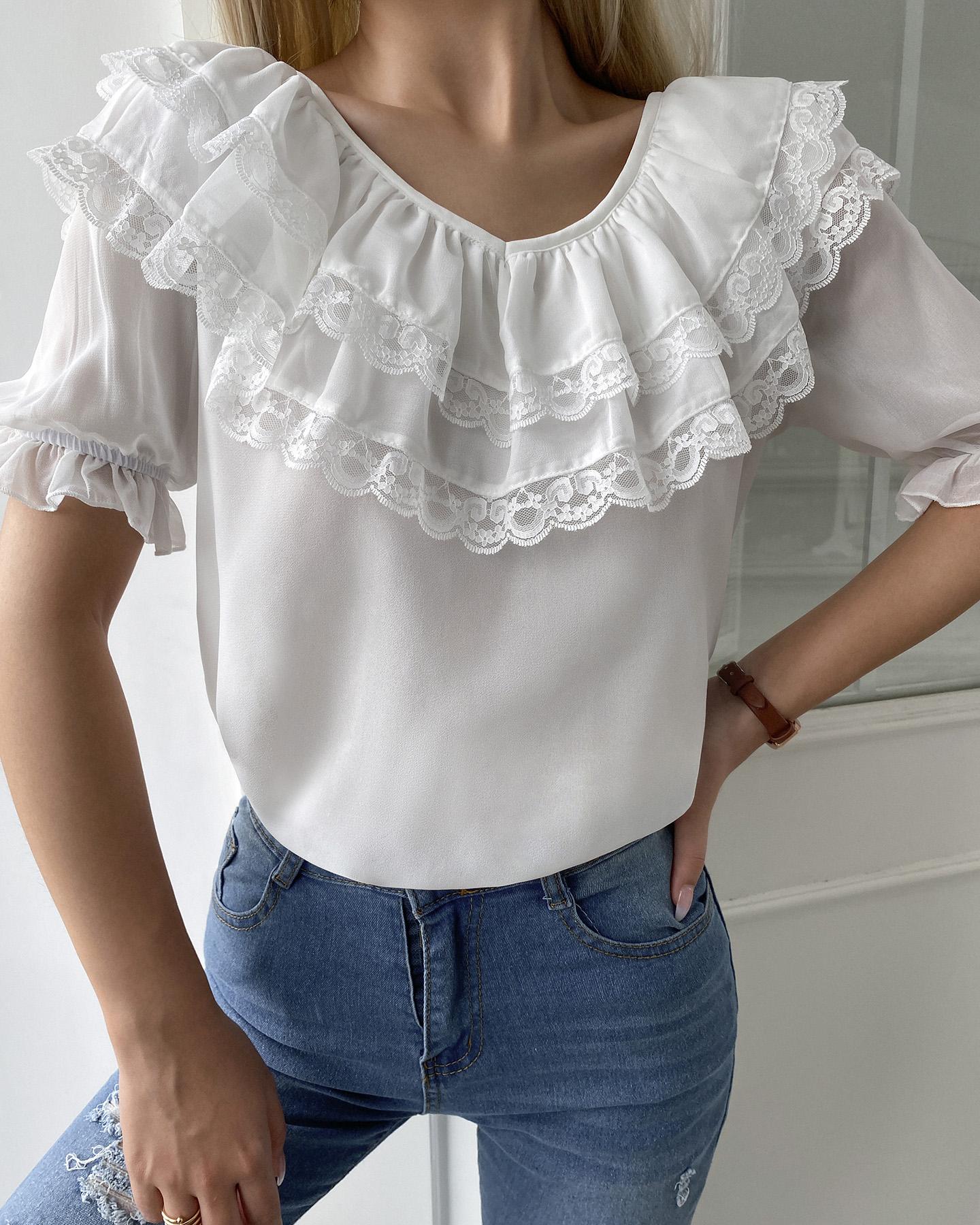 

Lace Trim Backless Layered Ruffles Top, White