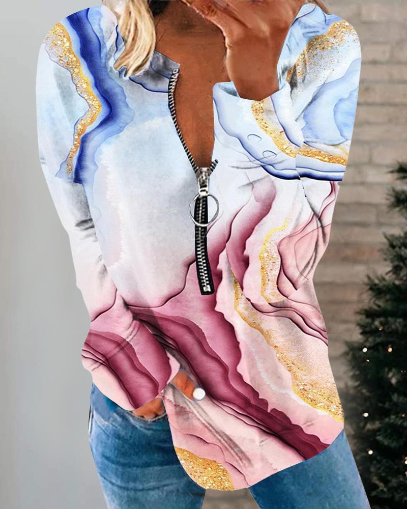 

Marble Print Zip Front Long Sleeve Top, Multicolor