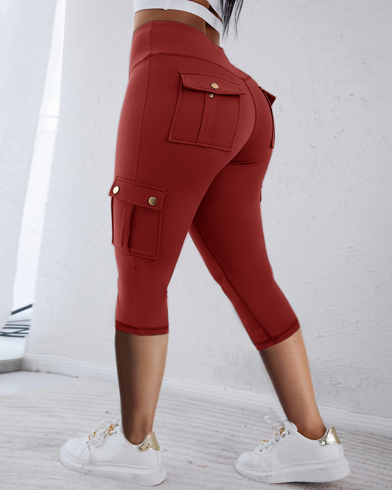 

Pocket Design High Waist Sports Active Pants, Wine red