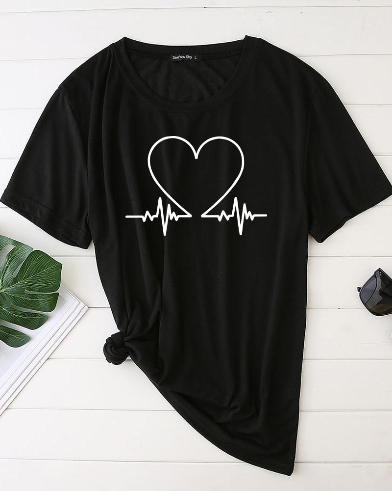 

Valentine' Day Unisex Heart Print Short Sleeve T-shirt, Black