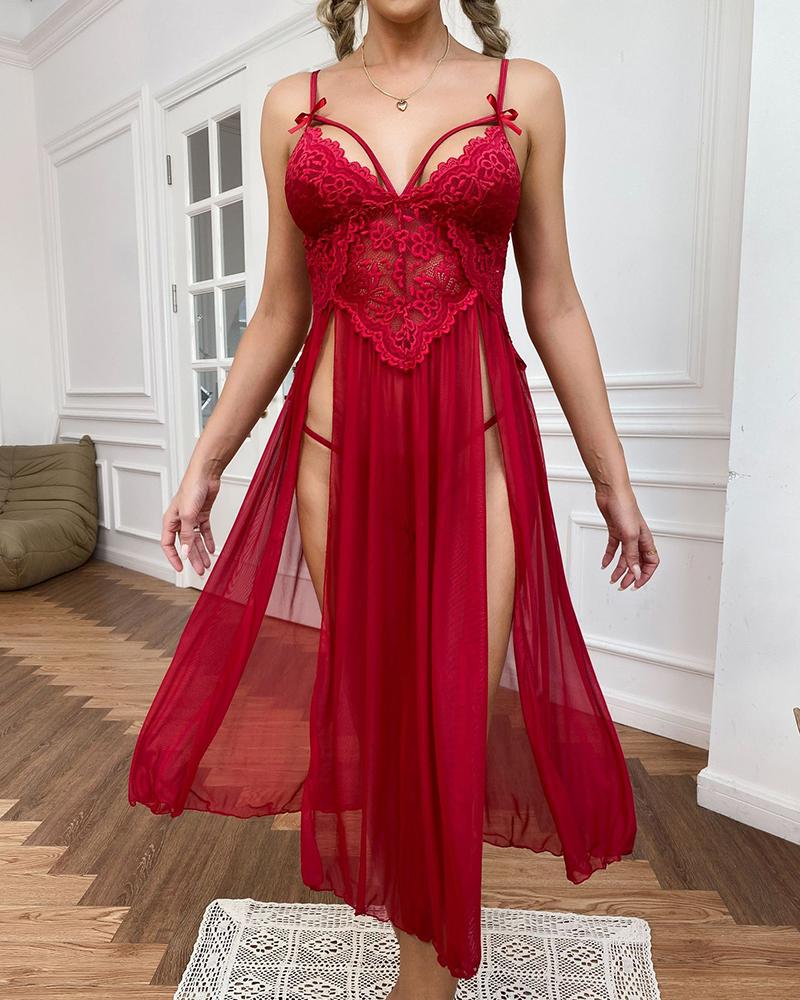 

Sheer Mesh Bowknot Decor Slit Night Dress, Wine red