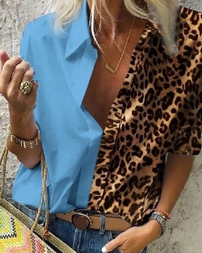 

Cheetah Print Colorblock Buttoned Shirt, Lighted blue