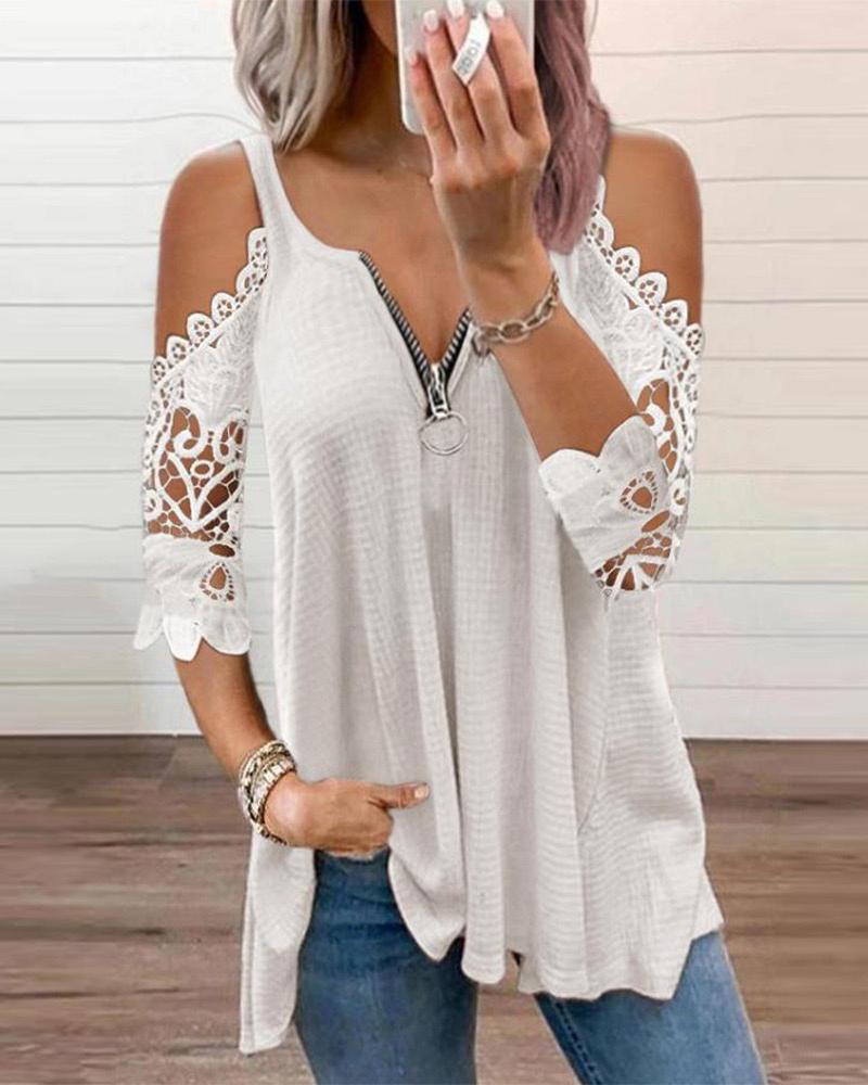 

Cold Sleeve Zipper Front Lace Trim Top, White