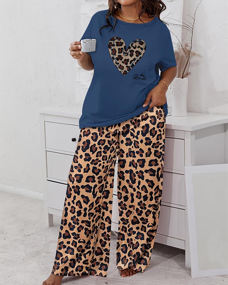 

Plus Size Heart Letter Leopard Print Wide Leg Pajamas Set, Blue